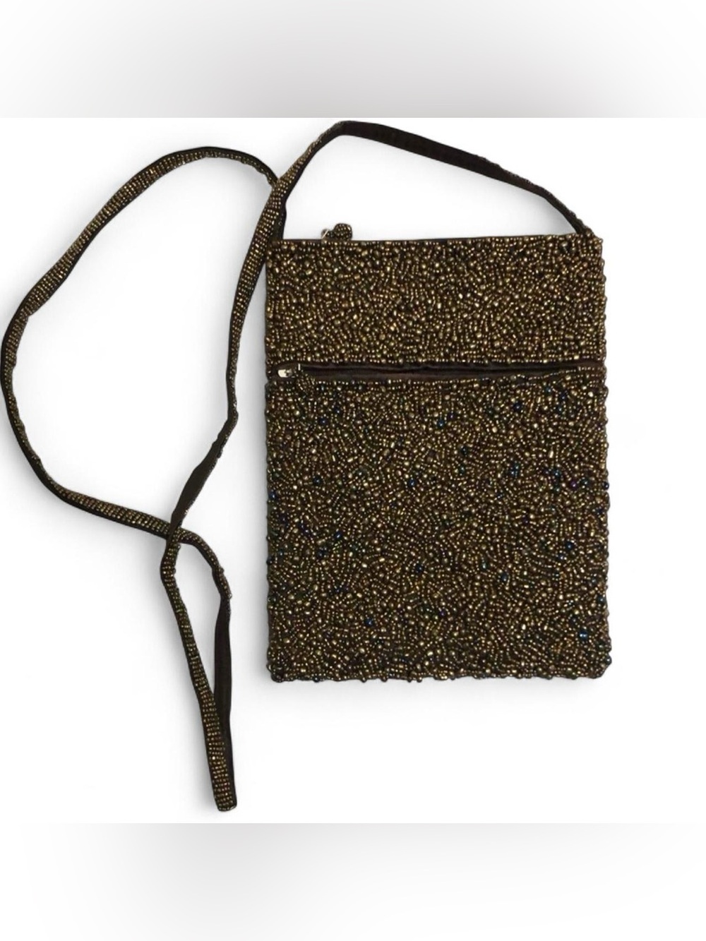 Vintage Beaded Crossbody Bag Pouch 9x7 Bronze Iridescent Peacock Boho 90s